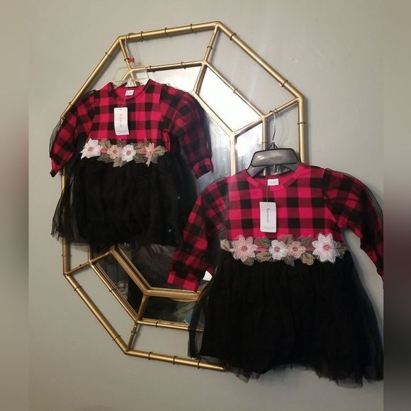 Girls Buffalo Plaid Black & Red Long Sleeve Floral Embroidered Tutu Dress NWT - Picture 1 of 12
